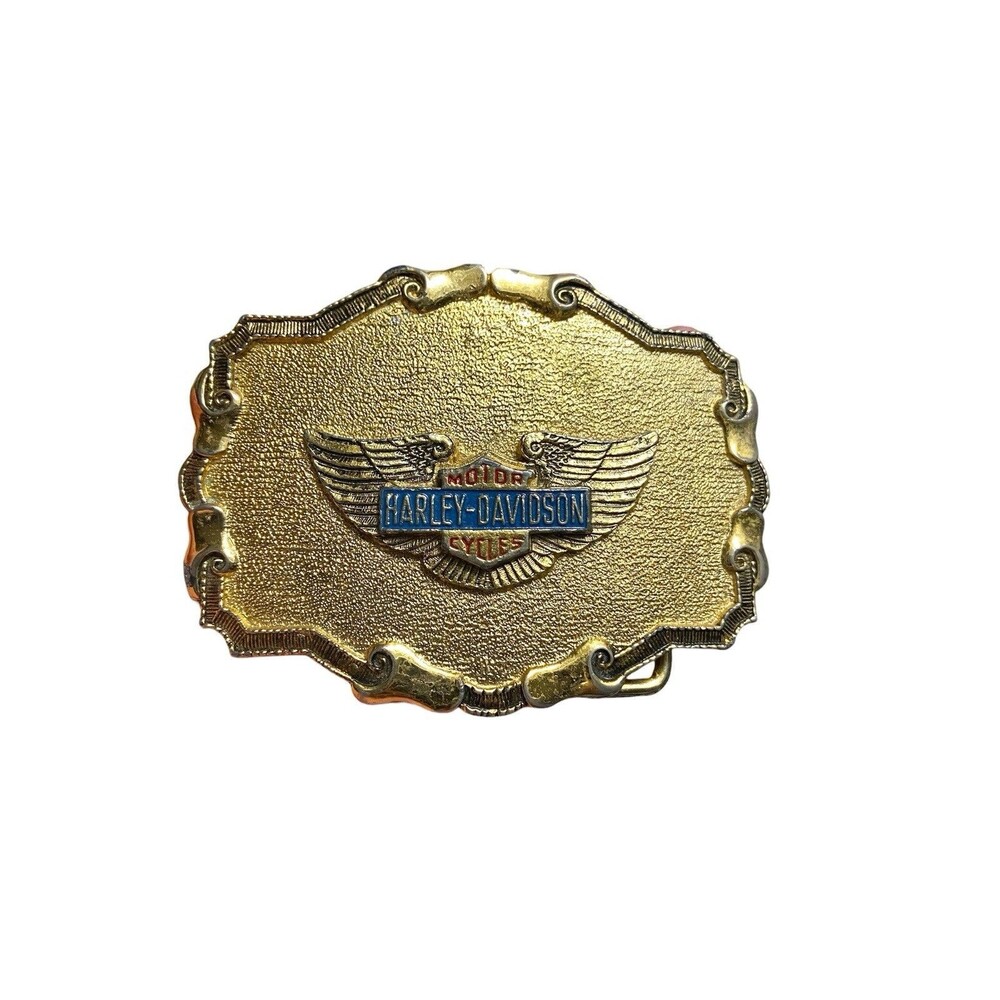 Vintage Joe’s MCN Harley Davidson Belt Buckle Winged Logo Enamel Gold Tone 1970s